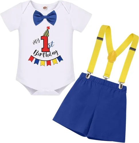 Conjunto de traje de banderín para el primer cumpleaños de bebé niño, pajarita, pantalones cortos, tirantes en la espalda en Y, sesiones de fotos