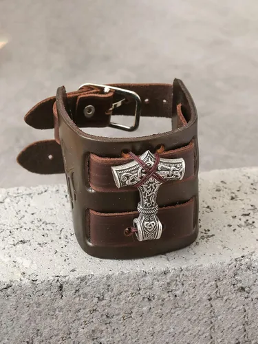 Miniatura 4 de HAQUIL Viking Bracelet for Men Viking Mjolnir Pendant Nordic Wide Leather Wristband Viking Jewelry Men
