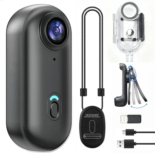 Miniatura 11 de JETO Mini cámara corporal 4K, cámara de acción POV con clip con cordón magnético, clip trasero giratorio, gran angular de 150°, funda impermeable