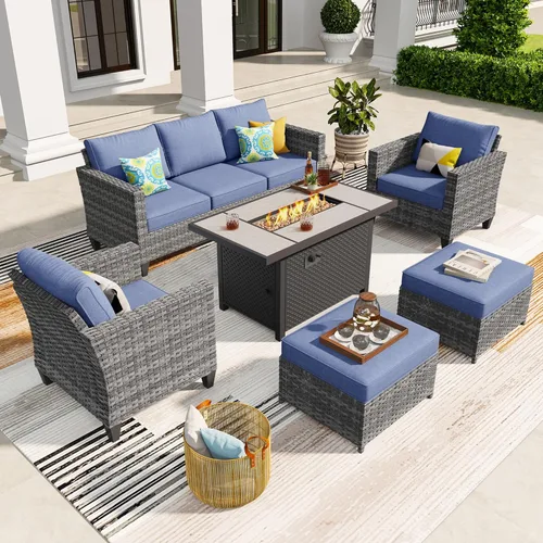 Miniatura 18 de ovios Juego de muebles de patio de 7 piezas con mesa cuadrada para hoguera, sillas mecedoras giratorias, juego de conversación de mimbre de respaldo
