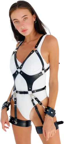 ALLOVME Leather Body Harness, Sexy Chain Belt Chest Harness and Leg Harness Lingerie Set with Handcuffs