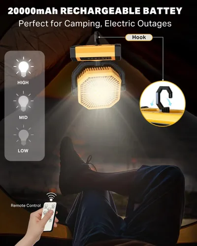 Miniatura 4 de Ventilador recargable portátil de 70 horas 20000 mAh de 9 pulgadas con oscilación automática/remoto/temporizador/luz LED, ventilador de camping