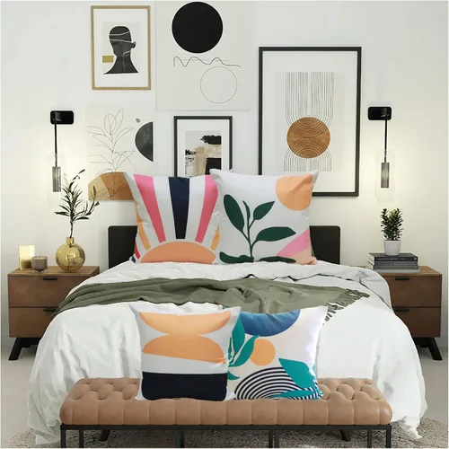 Miniatura 5 de Juego de 4 fundas de almohada abstractas de estilo bohemio de mediados de siglo, modernas, geométricas, hojas y sol, fundas de almohada bohemias