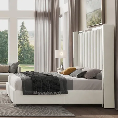 Miniatura 5 de Jocisland Base de cama tamaño Queen con cabecero de 58 pulgadas de alto, cama tapizada de terciopelo con plataforma con cabecera con alas capitoné