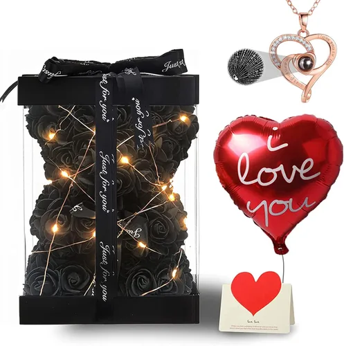 U UQUI - Oso de peluche de rosas de Navidad, regalo para el Día de San Valentín, para esposa, novia, oso de peluche artificial en caja con tira de