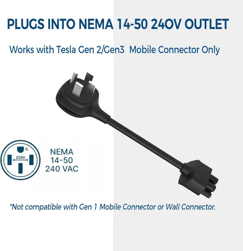 Miniatura 2 de Adaptador premium para cargador móvil Tesla Gen 2 Conecte a una toma de corriente de 240 V Carga de 32 amperios Longitud de 10 pulgadas