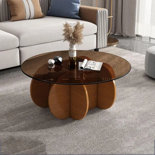 Miniatura 14 de HM&DX Mesa auxiliar redonda de cristal, base de madera maciza y parte superior de vidrio templado transparente, mesa auxiliar de café, mesa central