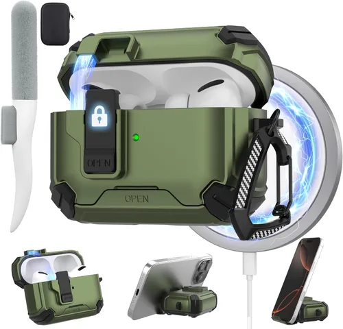 Miniatura 26 de Maxjoy Funda protectora para AirPods 4 2024, funda protectora para AirPods de 4ª generación con bloqueo automático, compatible con MagSafe, Verde