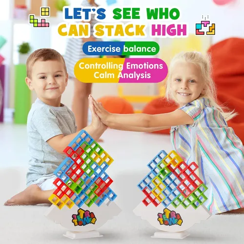 Miniatura 3 de WOWNOVA 48 piezas Torre Tetra, divertido juego de equilibrio y construcción de bloques para apilar para niños, adultos, amigos, equipo, aula
