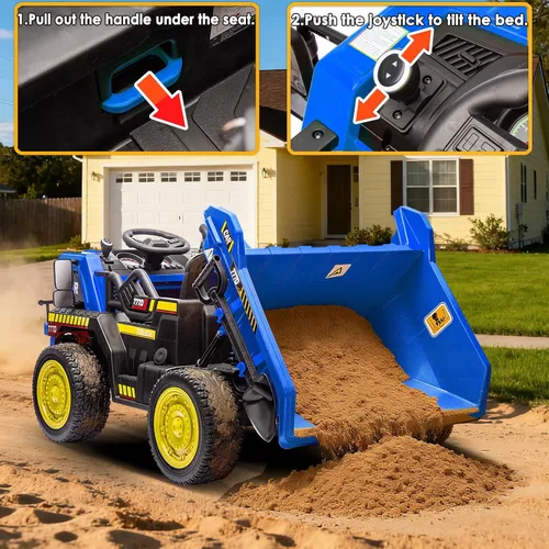 Miniatura 3 de NEWQIDA Camión volcador de 24V para niños, coche eléctrico con control remoto, vehículos de construcción con cama basculante eléctrica, pala, 2 Azul