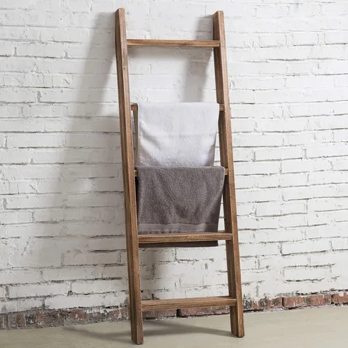 Miniatura 4 de MyGift - Estante decorativo de madera natural rústica quemada para apoyarse en la pared, con 4 pies de altura y escalera de manta con 5 peldaños