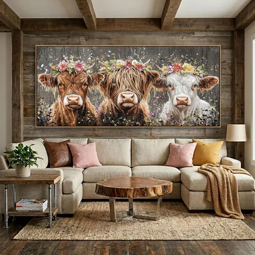 Miniatura 21 de AJAZIKO Arte de Pared de Vaca de las Tierras Altas - Decoración de Pared de Granja y Campo Rústico, Cuadros Grandes en Lienzo para Sala de Estar