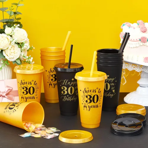 Miniatura 4 de Uiifan 12 vasos de plástico de plástico con tapa y popote de 24 onzas para cumpleaños, cumpleaños, bodas, aniversarios, decoración (30º)