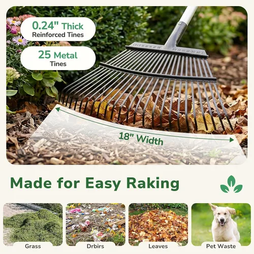 Miniatura 5 de GreatBuddy Combo de rastrillo y bolsas de hojas para hojas, rastrillo de jardín de metal ajustable de 29 a 72 pulgadas, 11 dientes, paquete de 2