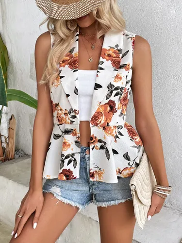 Miniatura 4 de Floerns Blazer sin mangas con estampado floral y cuello de chal y dobladillo con volantes para mujer