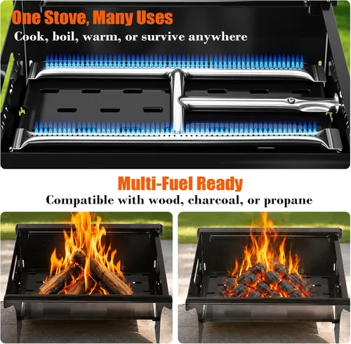 Miniatura 4 de Foldable 3-in-1 Charcoal Wood Gas Camping Grill with Pull-Out Removable Griddle Plate & Carry Bag, Portable BBQ Fire Pit Grill for Backpacking