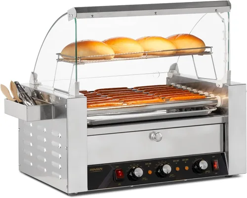 ROVSUN 24 Hot Dog 9 rodillos, calentador de rodillos para perros calientes con calentador de bollo, cubierta, control de temperatura doble, luz LED,