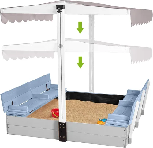 Caja de arena de madera para niños con toldo, 2 asientos de banco plegables, forro retráctil de protección de arena para techo de 47 x 47 pulgadas,