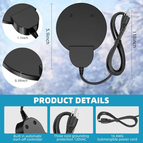 Miniatura 5 de Calentador de baño para pájaros descongelante de 250 W con revestimiento de teflón negro, calentador integral de aluminio fundido para ganado, aves