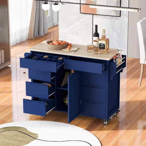Olela Carrito de isla de cocina con ruedas, mesa de cocina móvil rodante con armarios de almacenamiento y toallero, estantes ajustables y encimera