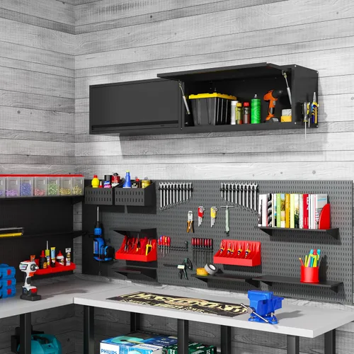 Miniatura 2 de Armario de pared de garaje de metal, armarios de herramientas flotantes con puerta abatible superior, gabinete de almacenamiento colgante de pared