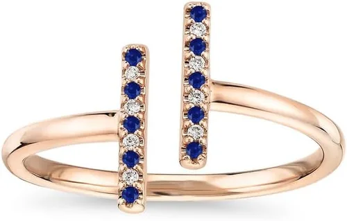 Miniatura 9 de Anillo de barra abierta de zafiro azul y diamante blanco alternativo para mujer, anillo de barra abierta de zafiro azul con acabado de oro de 14