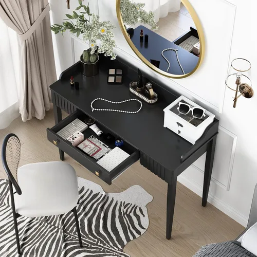 Miniatura 5 de Escritorio de maquillaje de madera negra que ahorra espacio, mesa moderna para computadora con cajones y asas doradas