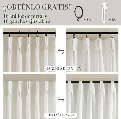 Miniatura 5 de Cortinas de lino natural con pliegues fruncidos de 120 pulgadas de largo para sala de estar, cortinas plisadas con ganchos y lengüeta trasera