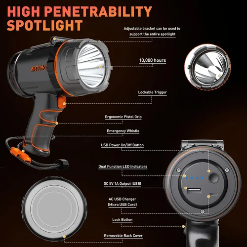 Miniatura 3 de GOODSMANN Foco recargable LED Spot Light Linterna de 2000 lúmenes Impermeable Luces de mano Proyector portátil recargable con silbato de emergencia