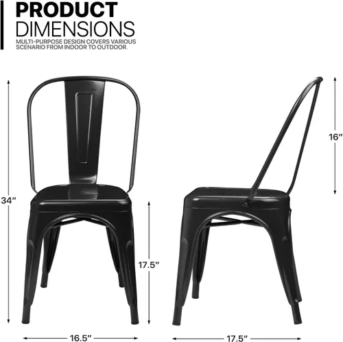 Miniatura 3 de MoNiBloom Juego de 4 sillas de comedor de metal de 18 pulgadas para interiores y exteriores, apilables, con respaldo alto para uso en el hogar, Negro