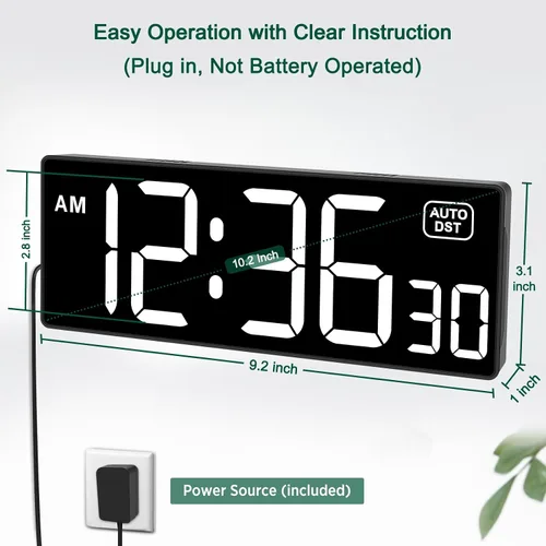 Miniatura 3 de Soobest Reloj de pared digital LED con segundos, enchufe de reloj eléctrico, atenuador automático DST con pantalla LED grande de 10 pulgadas (blanco)