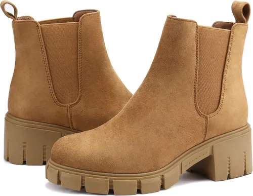 Miniatura 5 de starmerx Botines de plataforma para mujer, botas Chelsea elásticas, tacón medio, botines sin cordones