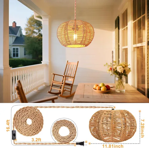 Miniatura 5 de Lámpara colgante con cable de enchufe con interruptor de encendido y apagado, luces colgantes de ratán, lámpara de techo bohemia, lámpara colgante