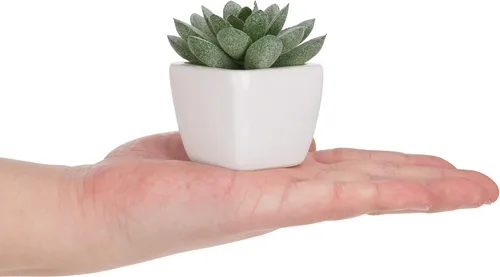 Miniatura 3 de MyGift Juego de 4 mini plantas suculentas artificiales decorativas verdes surtidas en macetas plantadoras cuadradas de cerámica esmaltada blanca