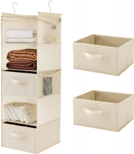 MAX Houser Organizador Colgante de Closet de 5 Niveles, Estante Colgante de Tela con 2 Ganchos Resistentes para Almacenamiento, Plegable (Beige-D2)