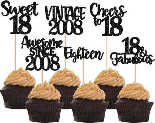 Miniatura 81 de Rsstarxi Paquete de 24 adornos para cupcakes vintage 2019 con purpurina negra para 5º cumpleaños, saludos a 5, cinco, 5, 5 fabulosos para cupcakes