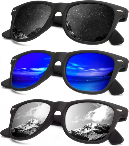 KALIYADI Lentes de sol polarizados para hombres y mujeres, con acabado mate, lentes de espejo de color, bloqueo UV (paquete de 3)