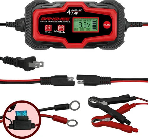 Banshee Cargador de batería inteligente de automóvil 4A, cargador automotriz de 6 V y 12 V, mantenedor de batería, cargador de goteo y cargador