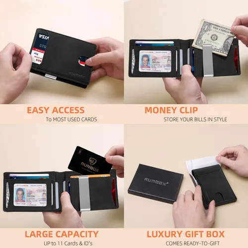 Miniatura 30 de RUNBOX - Carteras delgadas para hombre, cartera de piel con pinza para el dinero, cartera de bolsillo frontal con bloqueo RFID, tarjetero