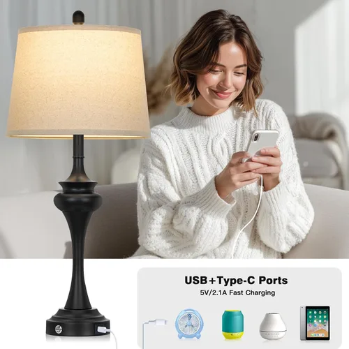 Miniatura 4 de Rinweey Lámpara de mesa plateada de 30 pulgadas individual, lámpara de noche de control táctil de 3 vías con puertos USB A+C, modernas lámparas