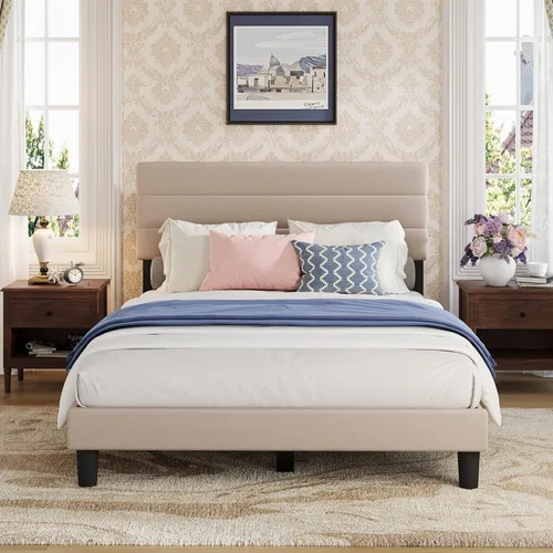 Miniatura 9 de Avenco Base de cama de tamaño matrimonial, base de cama tapizada con cabecera ajustable de 3 alturas, fácil montaje sin herramientas