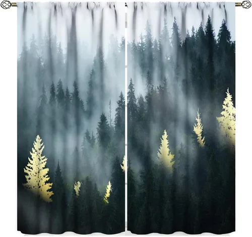 Miniatura 17 de Cortina de árbol de bosque verde, pino, coníferas, bosque, acuarela, oscurecimiento de habitación, ventana, bolsillo para barra, cortina