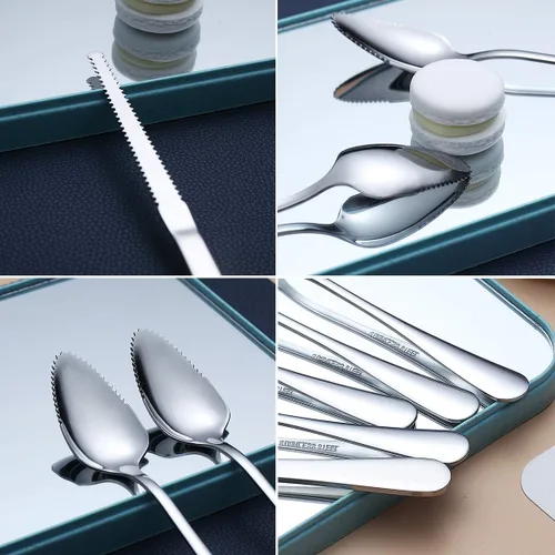 Miniatura 7 de HOMQUEN Juego de 5 cucharas de pomelo, 4 cucharas de acero inoxidable y 1 cuchillo con chapado de titanio, bordes dentados para utensilios (plateado)