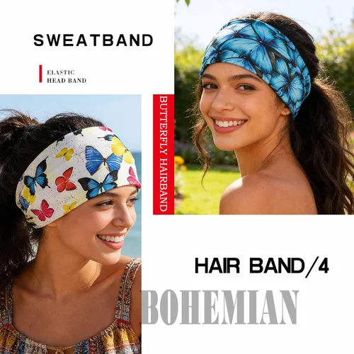 Miniatura 3 de Olbye Diademas anchas bohemias para la cabeza, bandas elásticas con botón de mariposa, bandana, yoga, correr, atlético, turbante, bandas