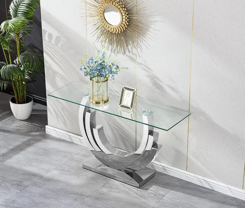 Miniatura 24 de Mesa de centro de cristal de lujo, mesa de centro de sofá de 47 pulgadas con marco de acero inoxidable dorado y parte superior de vidrio negro, mesa