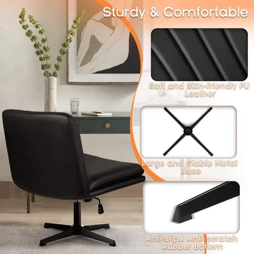 Miniatura 5 de PUKAMI Silla de Oficina con Patas Cruzadas, Silla de Escritorio de Oficina sin Brazos sin Ruedas, Cuero PU Tocador Giratorio Moderno, Asiento Ancho