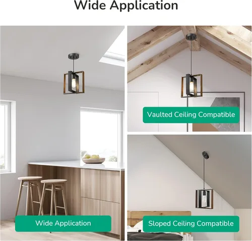 Miniatura 3 de EDISHINE Lámpara Colgante de Estilo Granja, Lámpara Colgante Rústica con Veta de Madera y Acabado Negro, Iluminación Colgante para Isla de Cocina