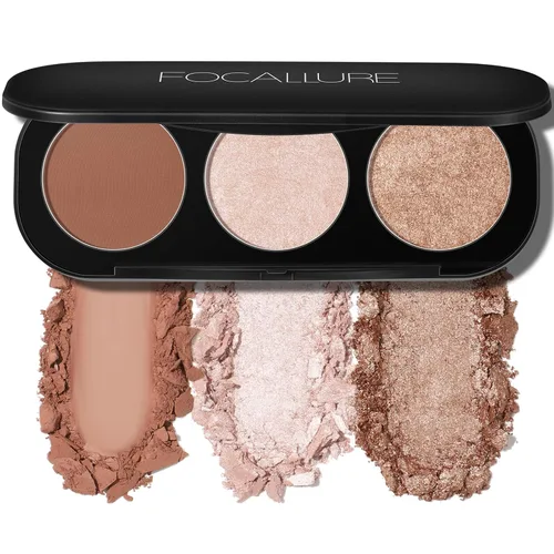 FOCALLURE Paleta de rubor e iluminador, polvo de maquillaje 3 en 1, rubor mate libre de crueldad, iluminadores brillantes para un aspecto brillante,