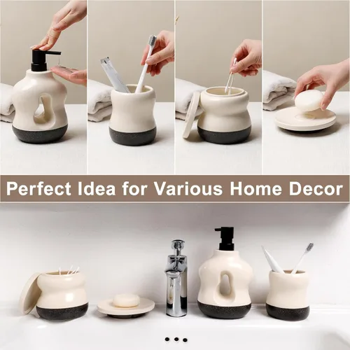 Miniatura 4 de BosilunLife Juego de 4 accesorios de baño de cerámica, dispensador de jabón hueco ondulado y artículos esenciales de tocador, beige de dos tonos