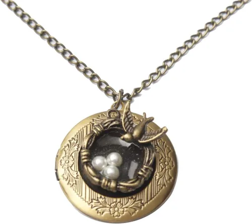 Miniatura 4 de Collar de medallón de pájaro. Collar de nido de pájaro, collar de bronce. Collar de medallón con dije de pájaro, Metal